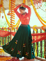 Tomato Red & Green Cotton Embroidered Navratri Special Lehenga