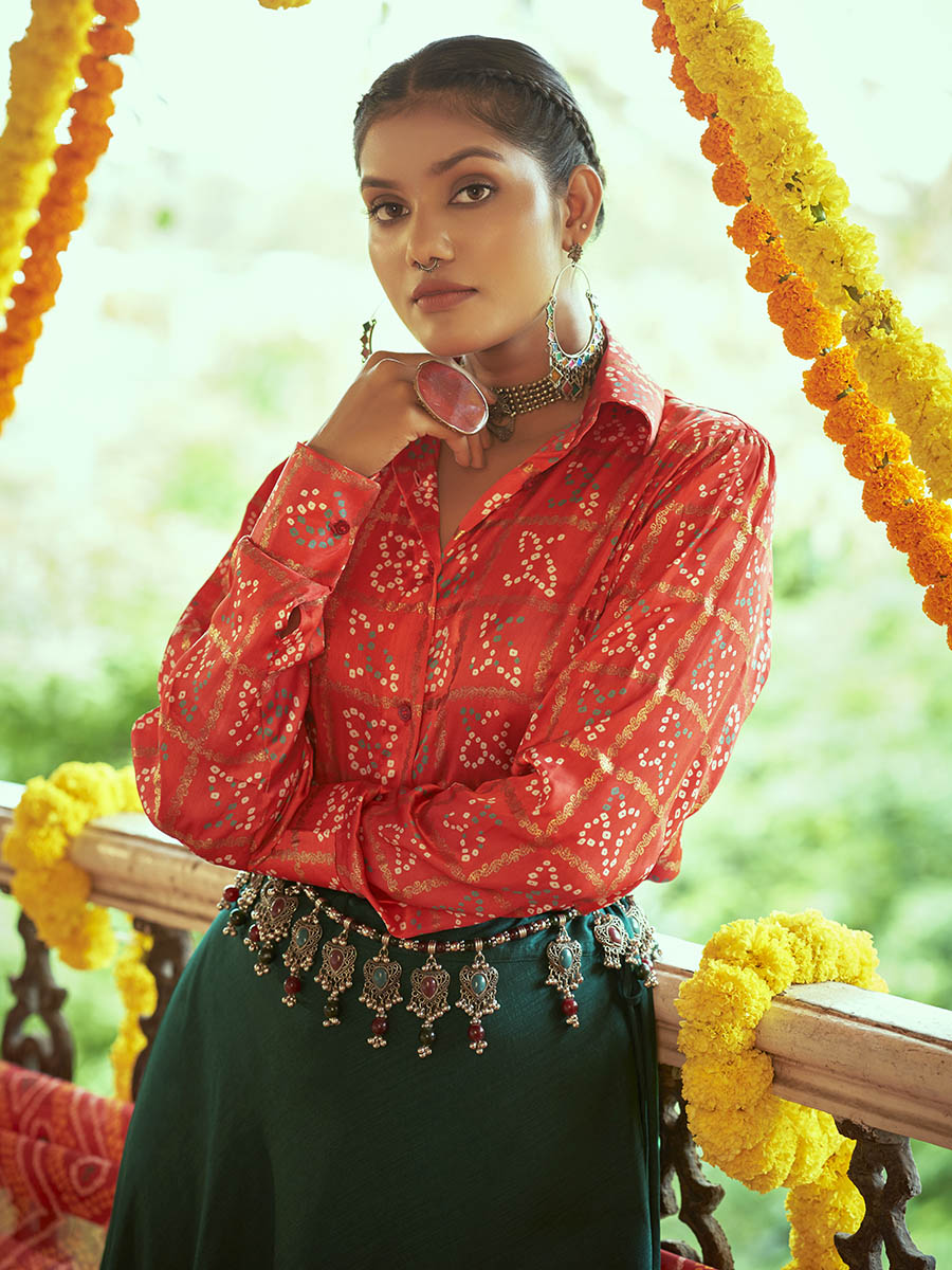 Tomato Red & Green Cotton Embroidered Navratri Special Lehenga