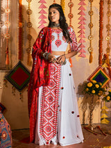 White Maslin Cotton Embroidered Navratri Special Lehenga