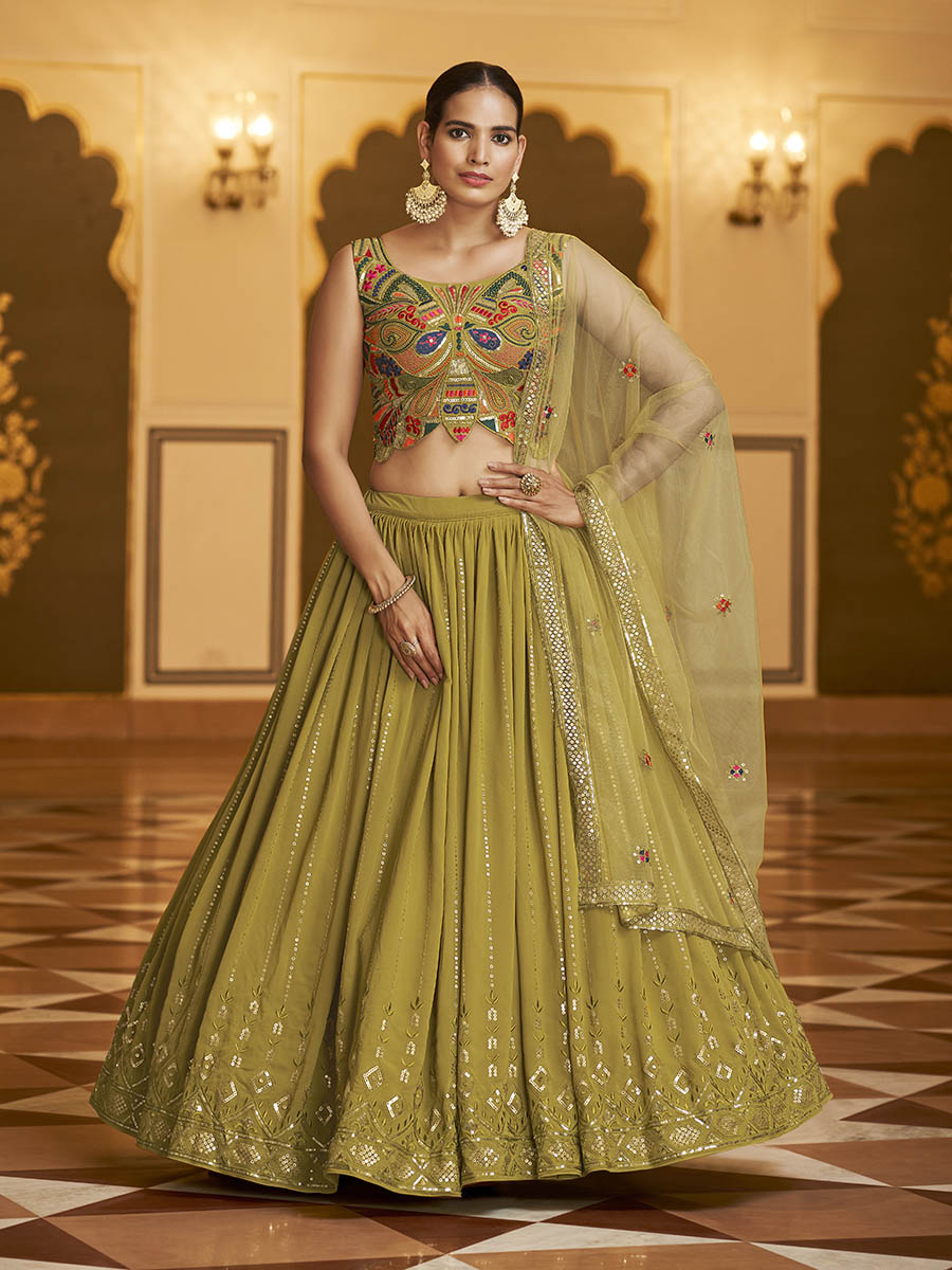 Folurecent Green Gorgette Embroidered Designer Lehenga Choli