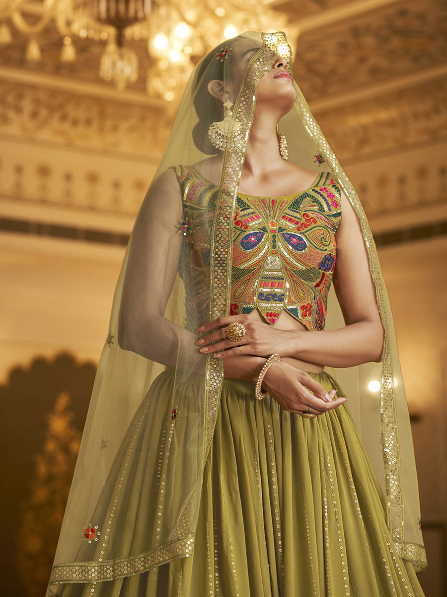 Folurecent Green Gorgette Embroidered Designer Lehenga Choli