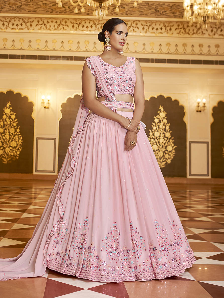 Pink Gorgette Embroidered Designer Lehenga Choli