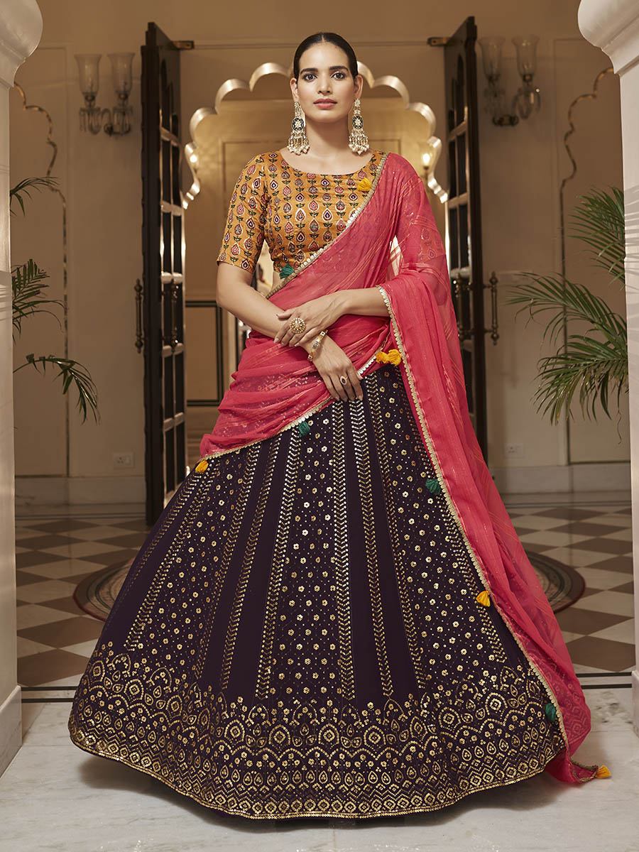 Purple and Mustard Yellow Georgette Designer Lehenga Choli