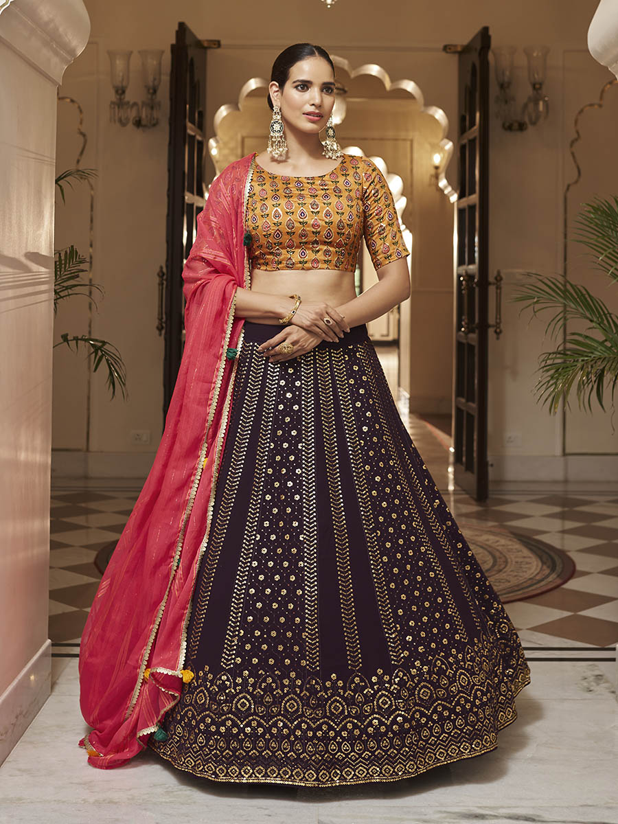 Purple and Mustard Yellow Georgette Designer Lehenga Choli