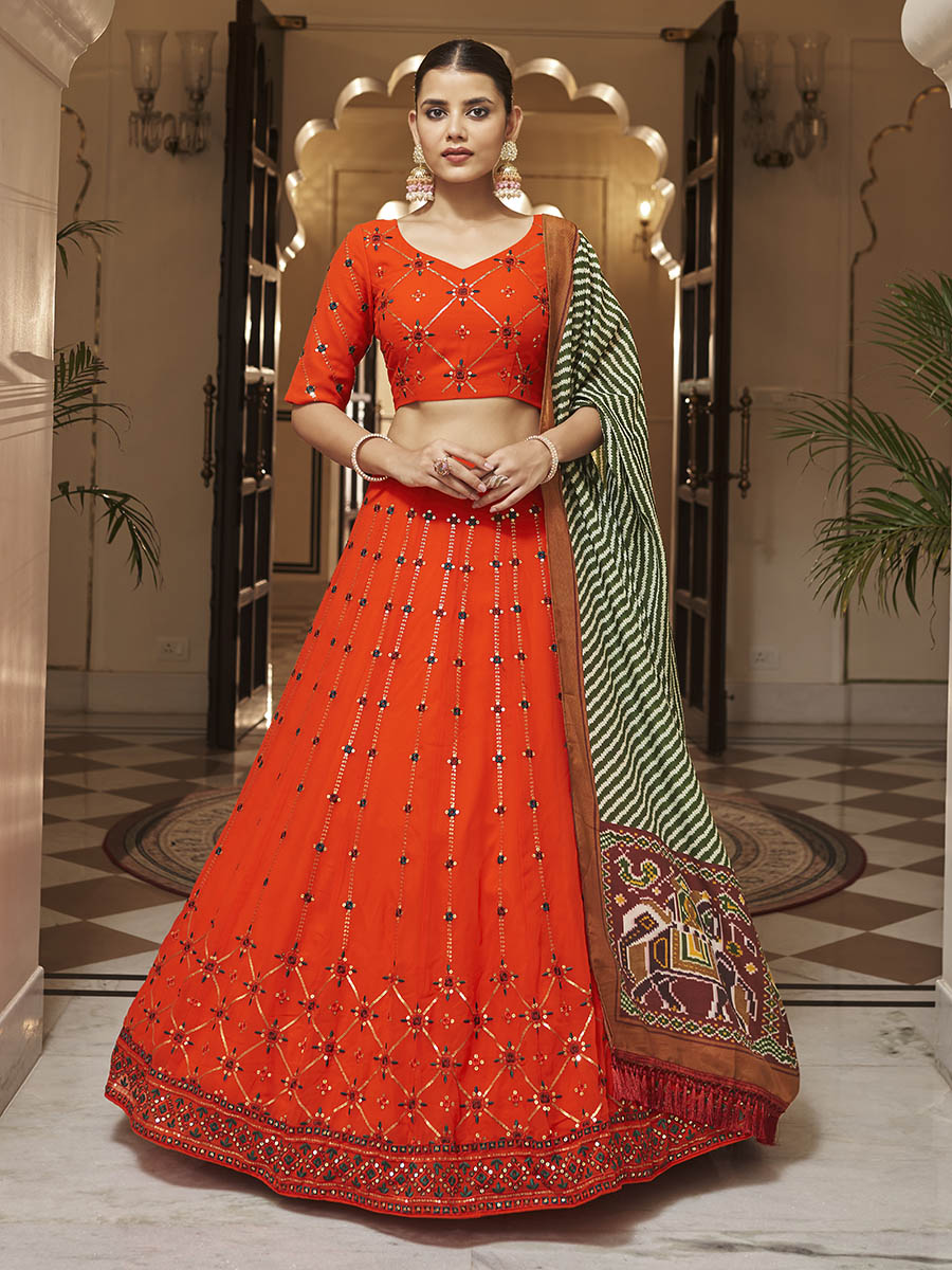 Orange and green Georgette Designer Lehenga Choli