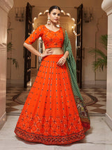 Orange and green Georgette Designer Lehenga Choli