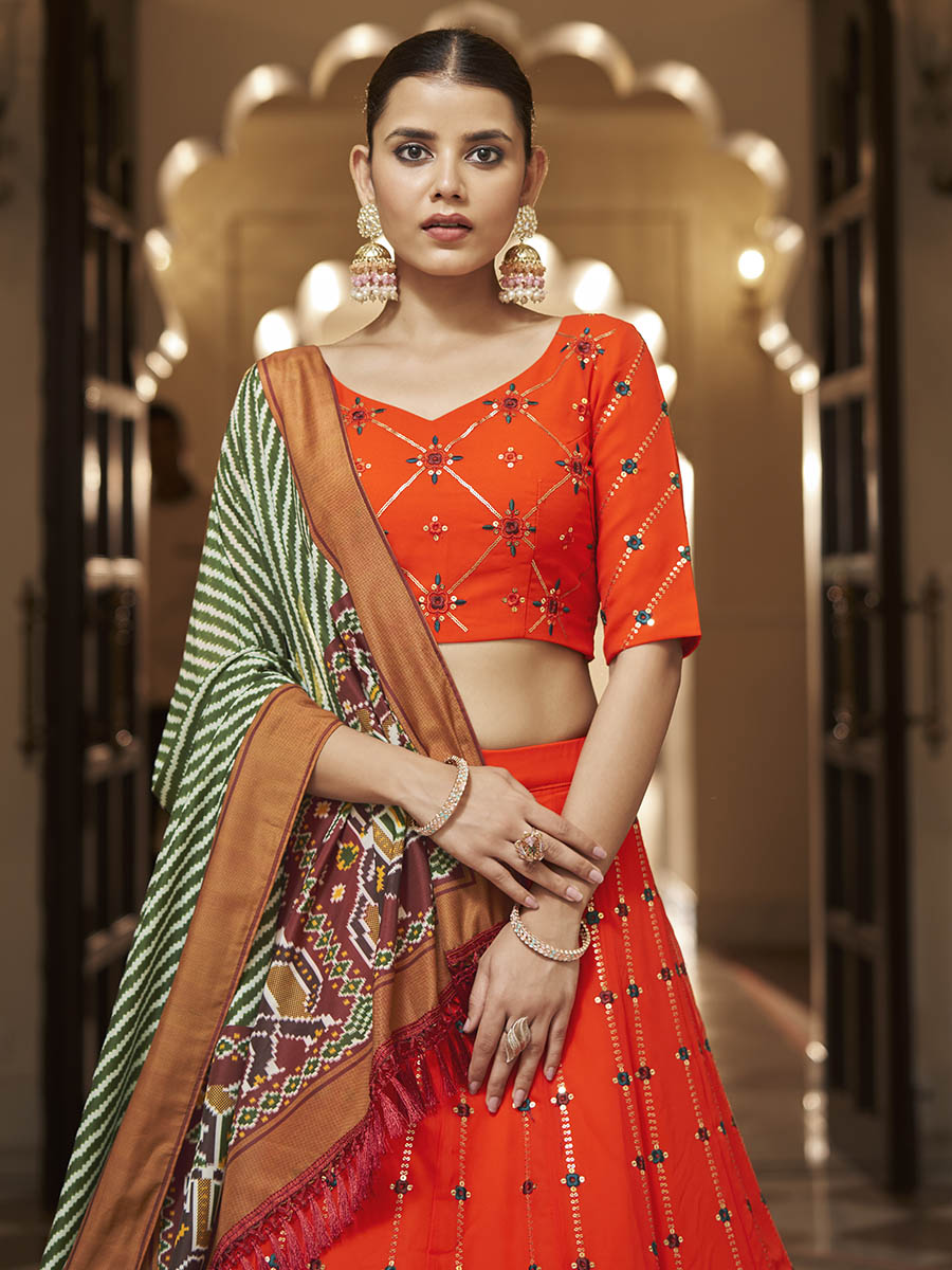 Orange and green Georgette Designer Lehenga Choli