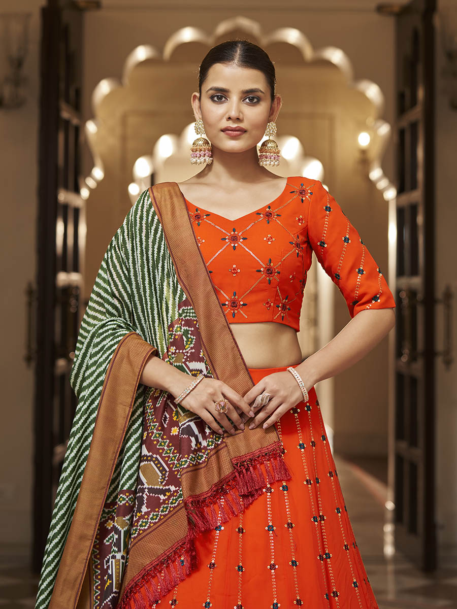 Orange and green Georgette Designer Lehenga Choli