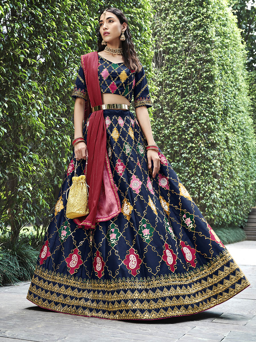 Navy Silk Embroidered Designer Lehenga Choli