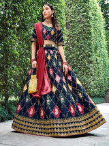 Navy Silk Embroidered Designer Lehenga Choli