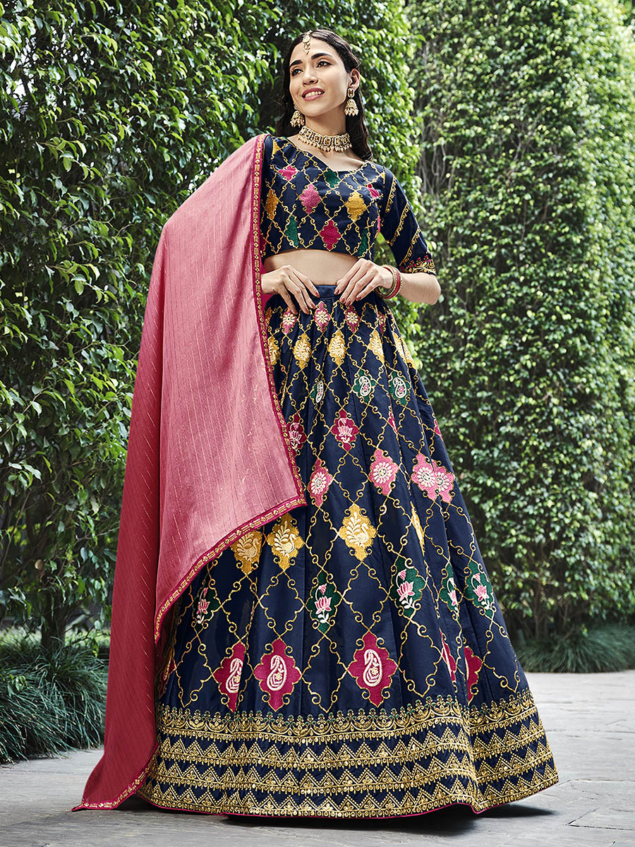 Navy Silk Embroidered Designer Lehenga Choli