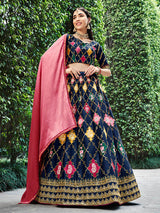 Navy Silk Embroidered Designer Lehenga Choli