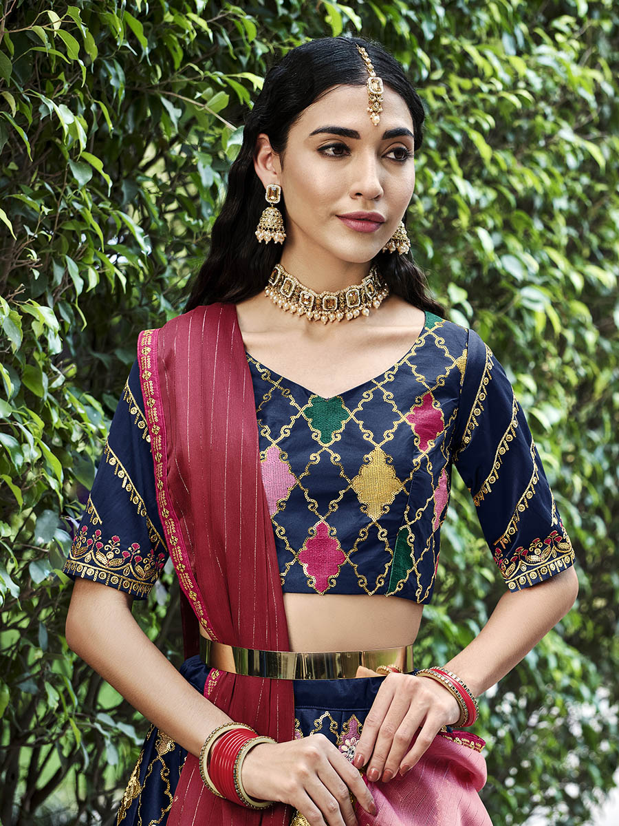 Navy Silk Embroidered Designer Lehenga Choli