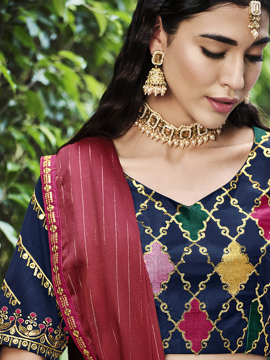 Navy Silk Embroidered Designer Lehenga Choli