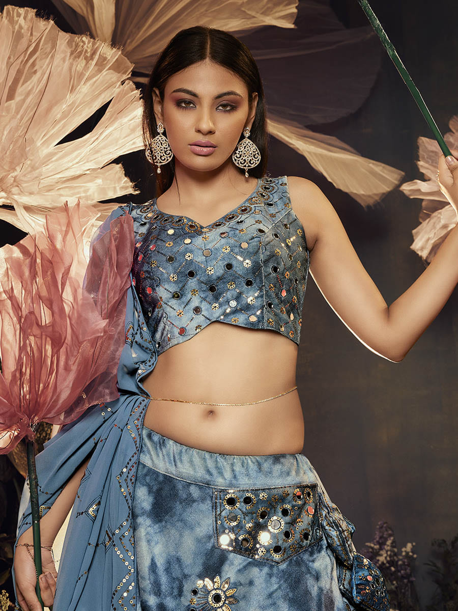 Sky Blue Velvet Embroidered Designer Lehenga