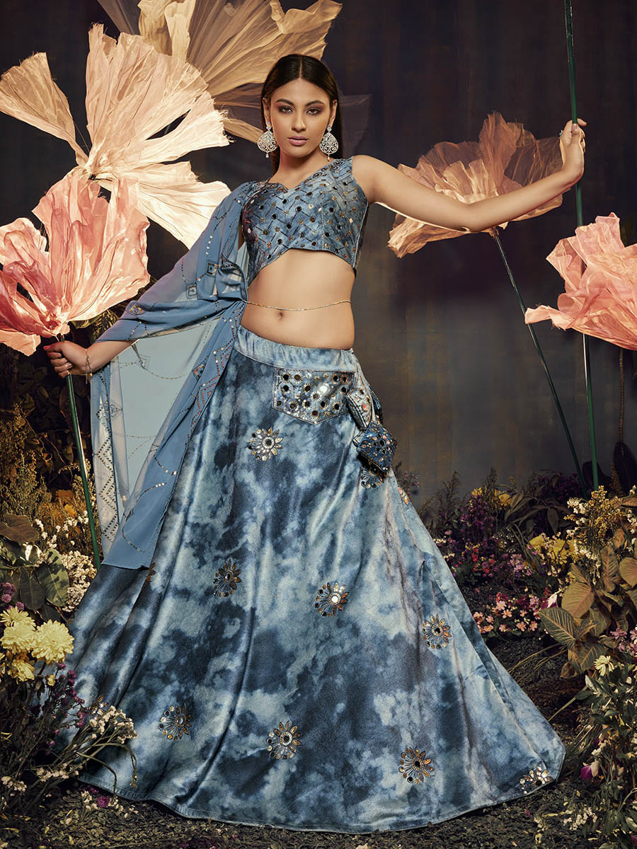 Sky Blue Velvet Embroidered Designer Lehenga