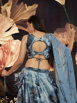 Sky Blue Velvet Embroidered Designer Lehenga