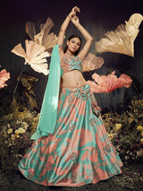 Turquoise Orange Velvet Embroidered Designer Lehenga