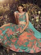 Turquoise Orange Velvet Embroidered Designer Lehenga