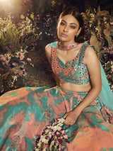 Turquoise Orange Velvet Embroidered Designer Lehenga