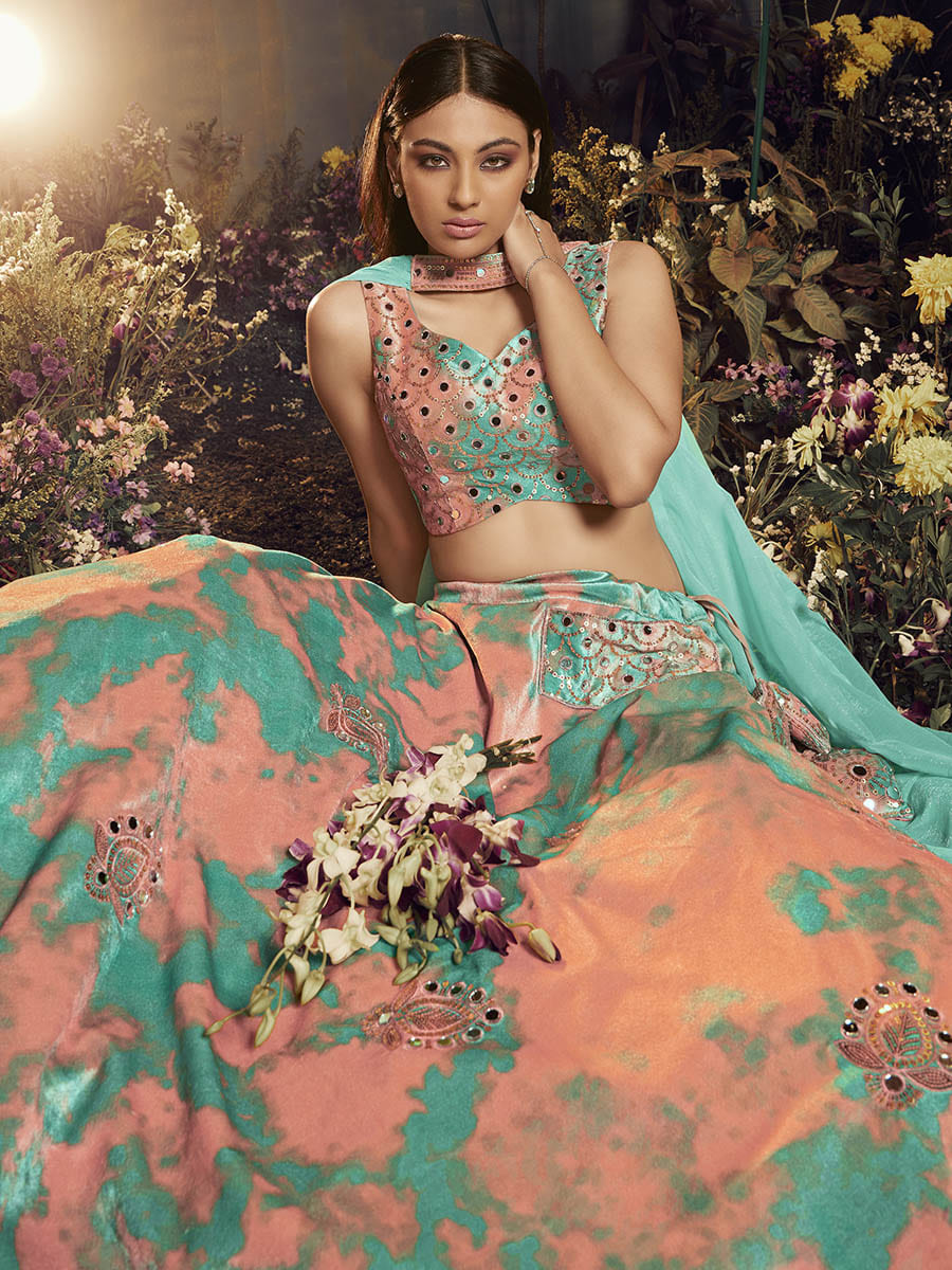 Turquoise Orange Velvet Embroidered Designer Lehenga