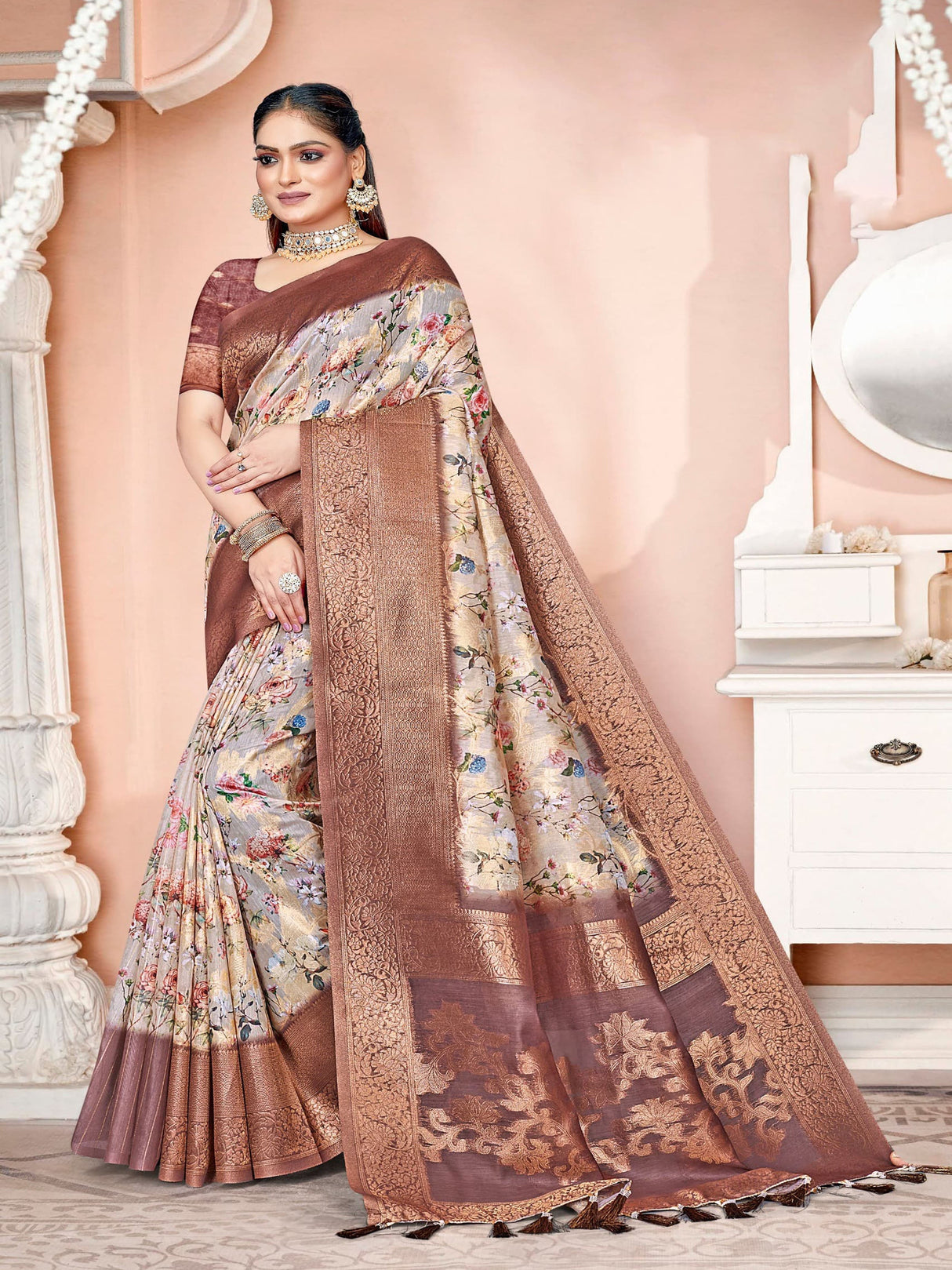 Light Pink & Brown Chanderi Silk Saree