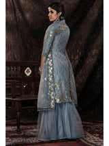 Grey Net Embroidered Sharara Suit