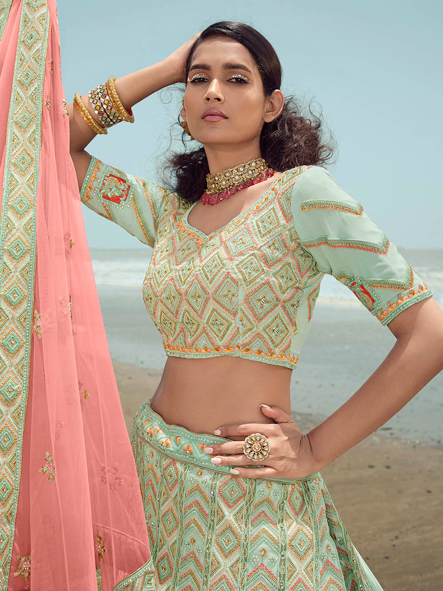 Pista Green Gorgette Embroidered Designer Lehenga Choli