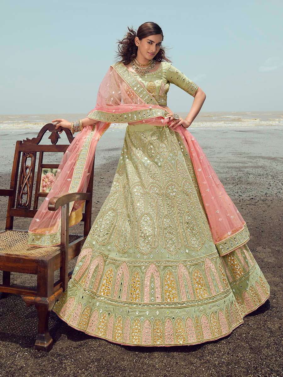 Pista Green Organza Embroidered Designer Lehenga Choli