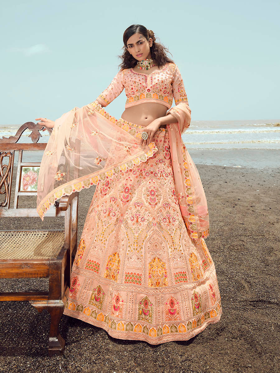 Peach Georgette Embroidered Designer Lehenga Choli