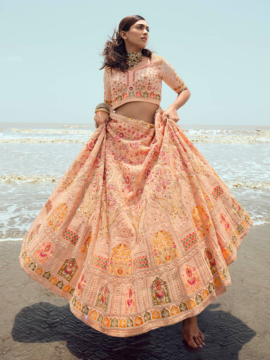 Peach Georgette Embroidered Designer Lehenga Choli