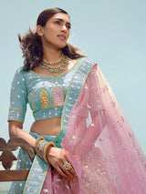 Turquoise Organza Embroidered Designer Lehenga Choli