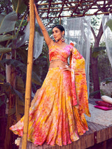 Orange Silk Digital Printed Designer Lehenga