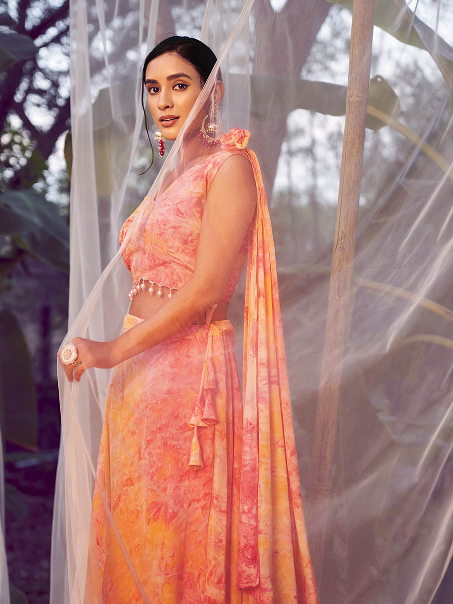 Orange Silk Digital Printed Designer Lehenga