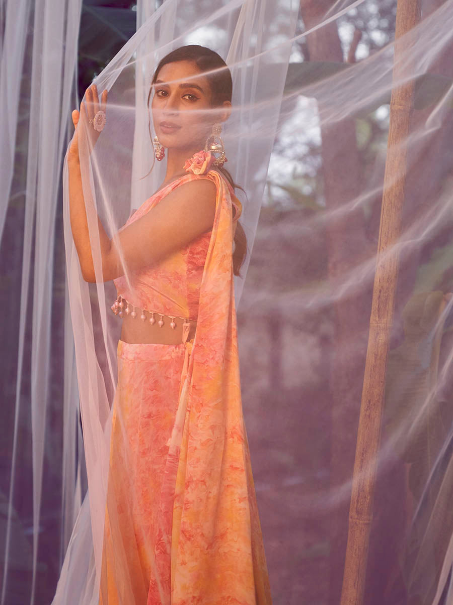 Orange Silk Digital Printed Designer Lehenga