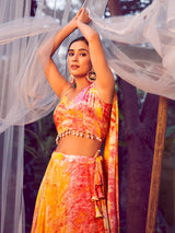 Orange Silk Digital Printed Designer Lehenga