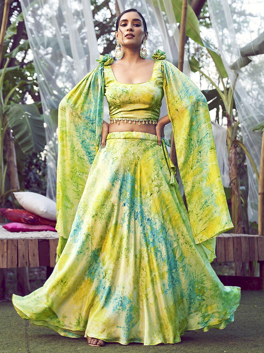 Fluorescent Green Silk Digital Printed Designer Lehenga