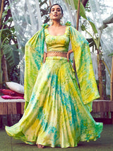 Fluorescent Green Silk Digital Printed Designer Lehenga