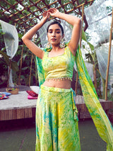 Fluorescent Green Silk Digital Printed Designer Lehenga