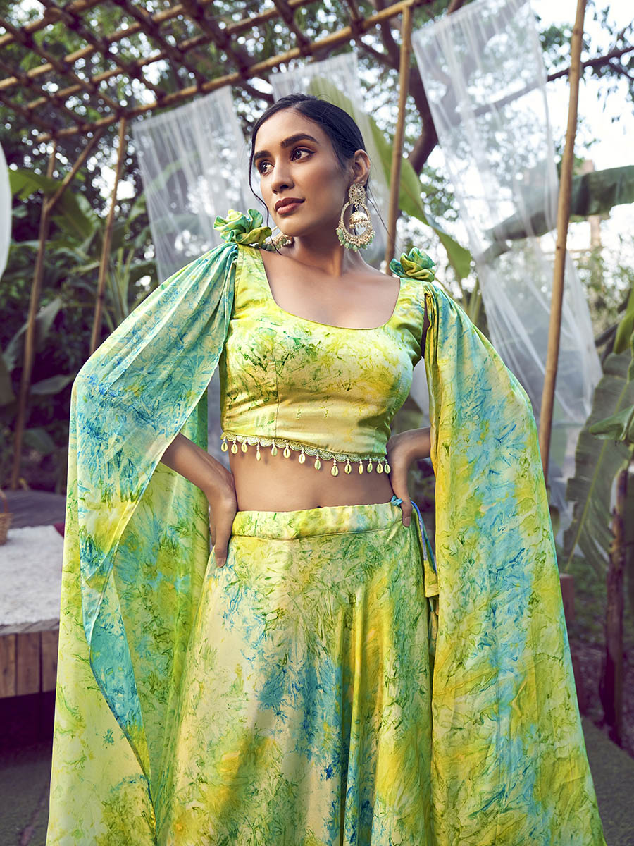 Fluorescent Green Silk Digital Printed Designer Lehenga