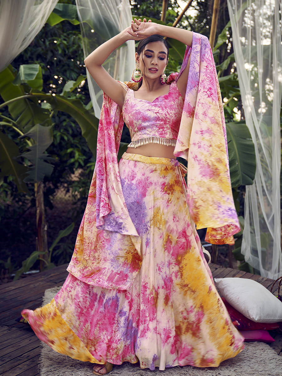 Purple Pink Silk Digital Printed Designer Lehenga