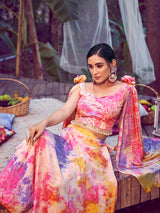 Purple Pink Silk Digital Printed Designer Lehenga