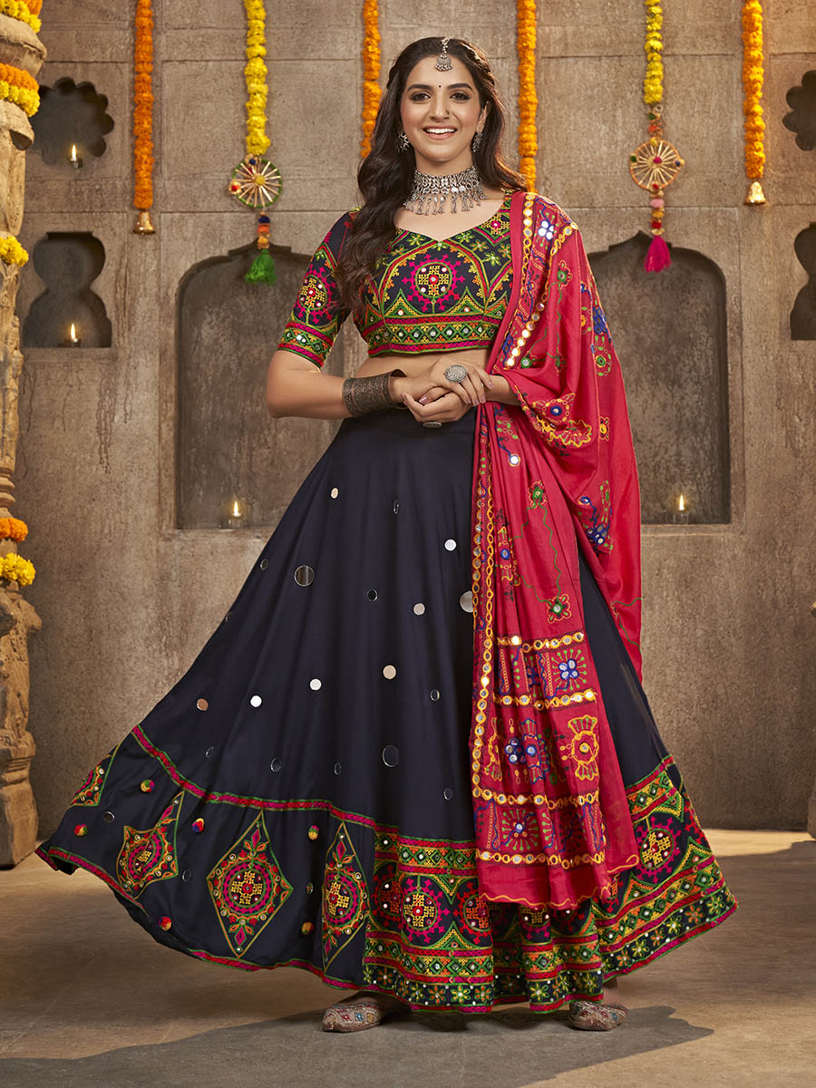 Navy Blue Viscose Rayon and Cotton Embroidered with Print Designer Lehenga