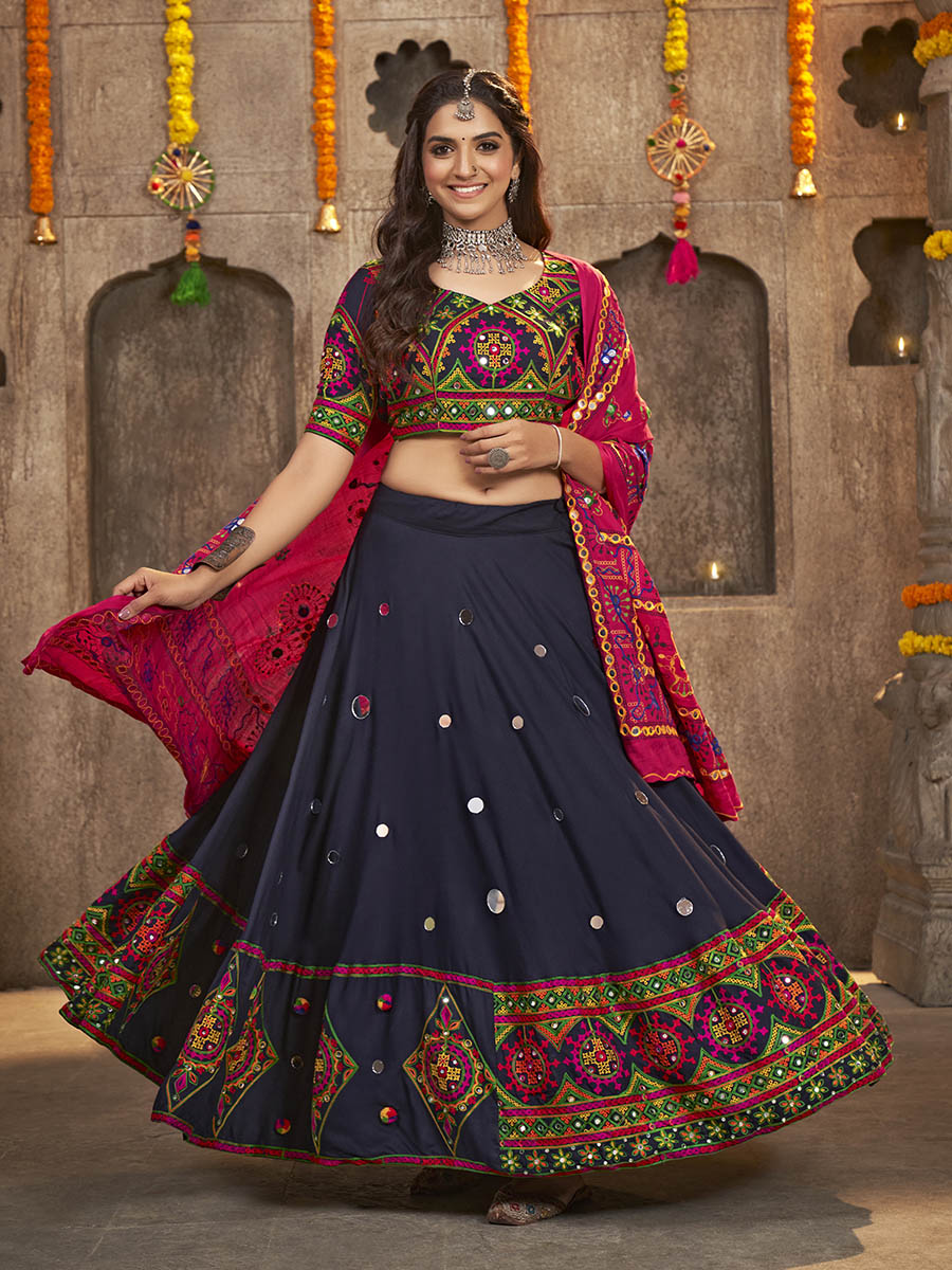 Navy Blue Viscose Rayon and Cotton Embroidered with Print Designer Lehenga