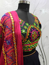 Navy Blue Viscose Rayon and Cotton Embroidered with Print Designer Lehenga