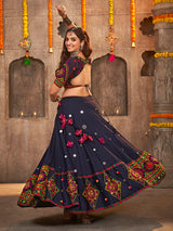 Navy Blue Viscose Rayon and Cotton Embroidered with Print Designer Lehenga