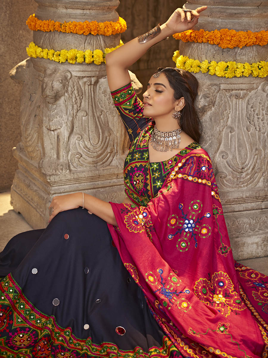 Navy Blue Viscose Rayon and Cotton Embroidered with Print Designer Lehenga