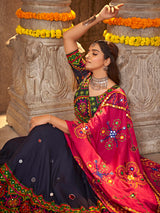 Navy Blue Viscose Rayon and Cotton Embroidered with Print Designer Lehenga