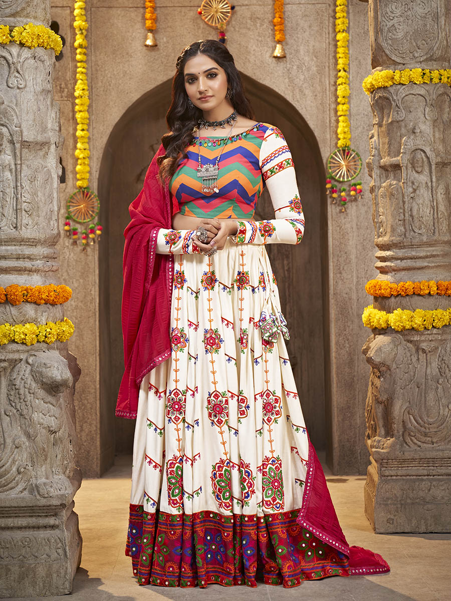 Pearl White Viscose Rayon and Cotton Embroidered with Print Designer Lehenga