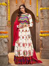 Pearl White Viscose Rayon and Cotton Embroidered with Print Designer Lehenga